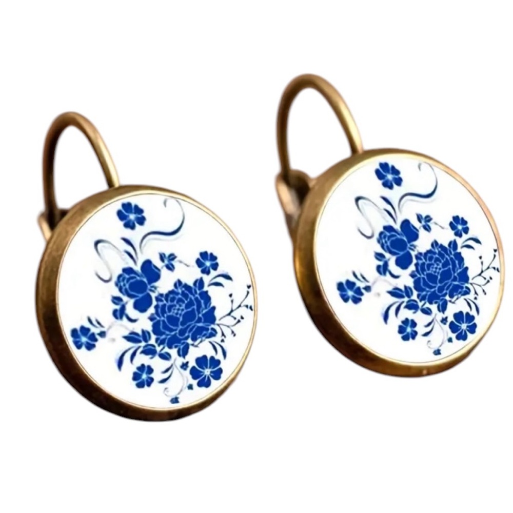 Bronze Colored Blue Floral Earrings